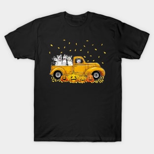 Yellow Car Truck French Huskies And Pumpkins Halloween T-Shirt